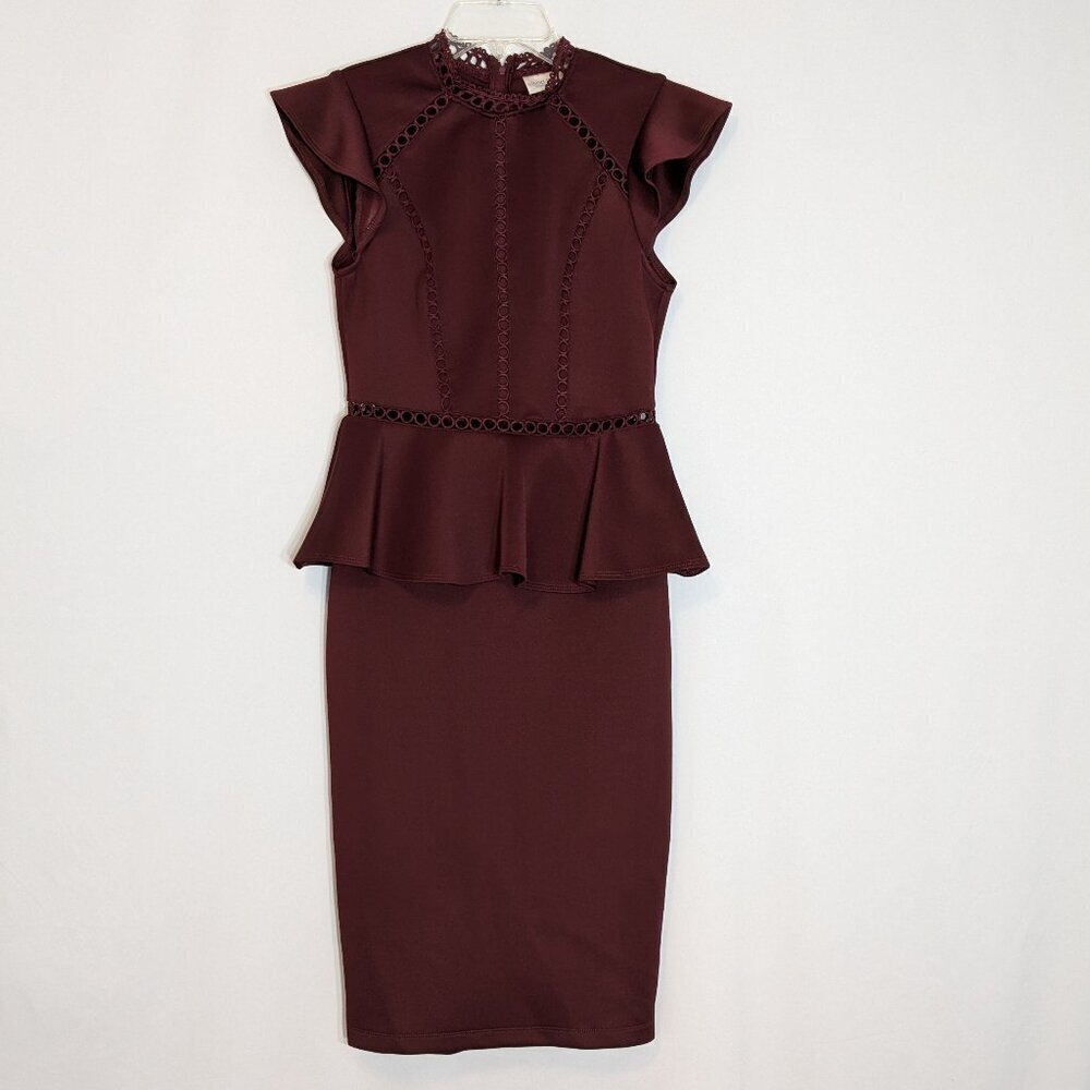BISOU BISOU Burgundy Pencil Ruffle Skirt Dress; Short Flutter Sleeves; Size 6